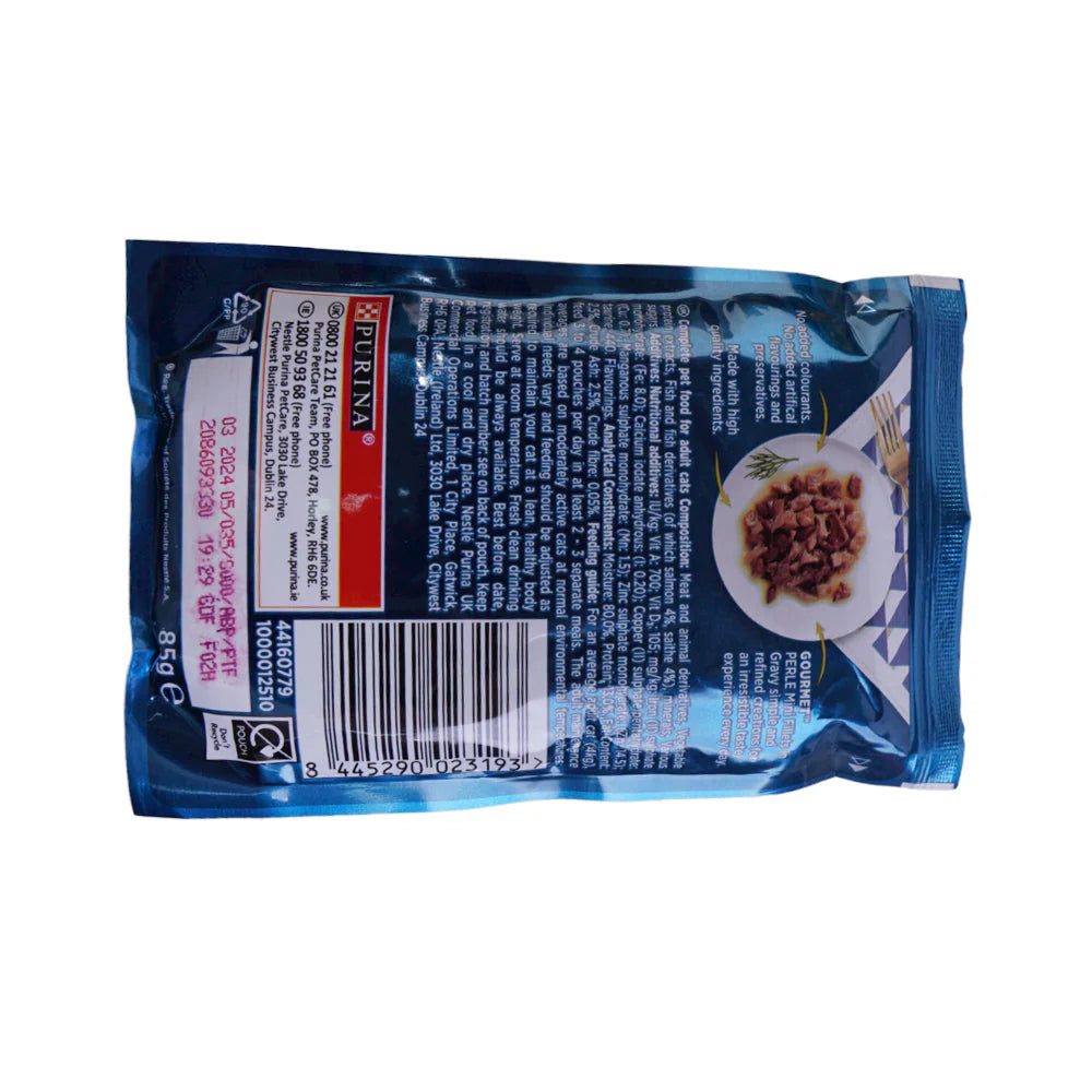 PURINA CAT FOOD GOURMET WITH SALMON & SAITHE DUO 85 GM PURINA CAT FOOD GOURMET WITH SALMON & SAITHE DUO 85 GM