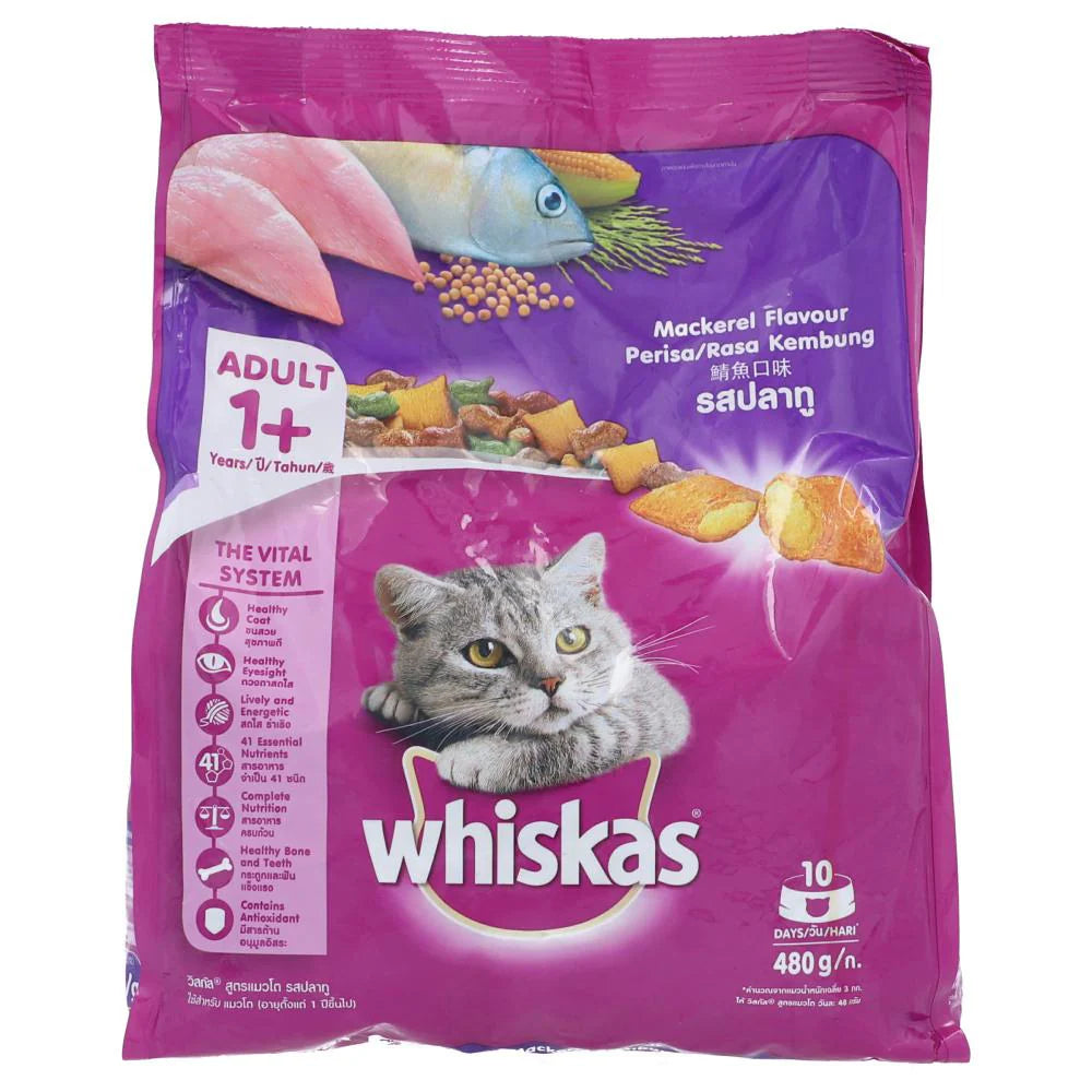 WHISKAS CAT FOOD ADULT MACKEREL 1+YEAR 480 GM WHISKAS CAT FOOD ADULT MACKEREL 1+YEAR 480 GM