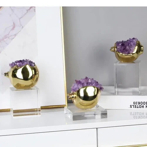 Golden Lucky Pomegranate Statues, Marble Pedestal Sculptures Golden Lucky Pomegranate Statues, Marble Pedestal Sculptures