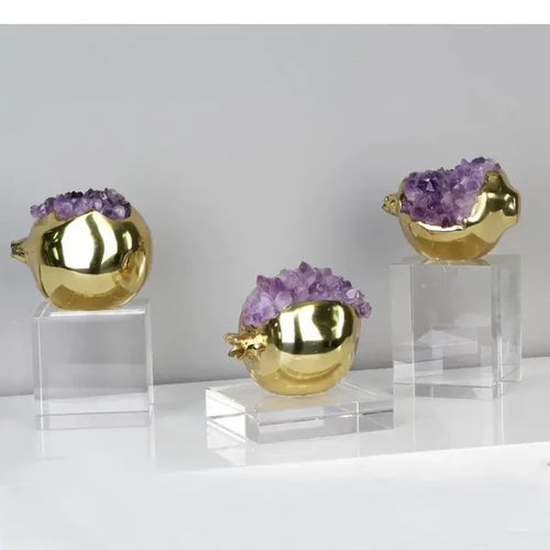 Golden Lucky Pomegranate Statues, Marble Pedestal Sculptures Golden Lucky Pomegranate Statues, Marble Pedestal Sculptures