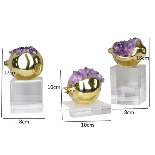 Golden Lucky Pomegranate Statues, Marble Pedestal Sculptures Golden Lucky Pomegranate Statues, Marble Pedestal Sculptures