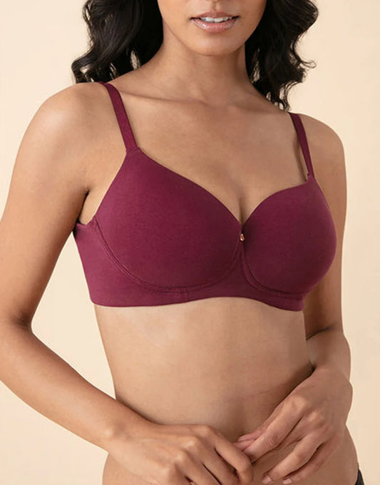 SIDE SMOOTHING BIO WASHED ANTI BACTERIAL COTTON WIRELESS T-SHIRT BRA-MAROON