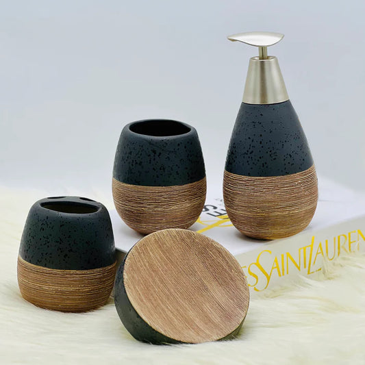 Self Textured Bath Set With Wooden Pattern (4 Pcs)