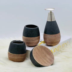 Self Textured Bath Set With Wooden Pattern (4 Pcs)