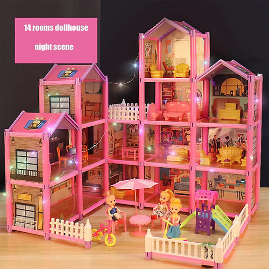 DIY 14 Rooms Dream Doll House With Furniture