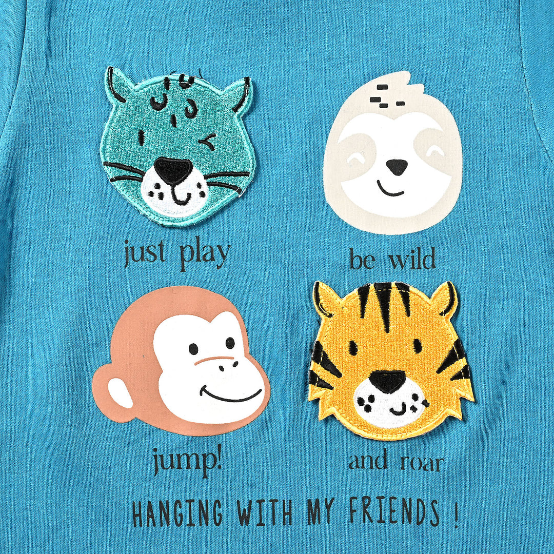 INFANT BOYS COTTON INTERLOCK KNITTED ROMPER ANIMAL-BLUE