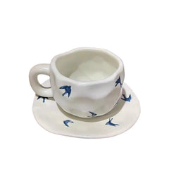 Matte White Blue Swallow Coffee Cup And Saucer