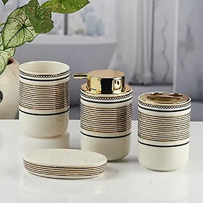 Ceramic Brown Textured Bathroom Accessories Set ( Set of 4 )