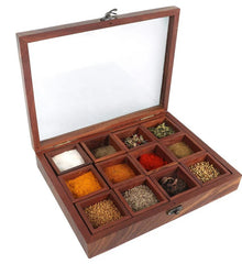 Sheesham Wood Spice Box (12 Compartments & A Spoon)