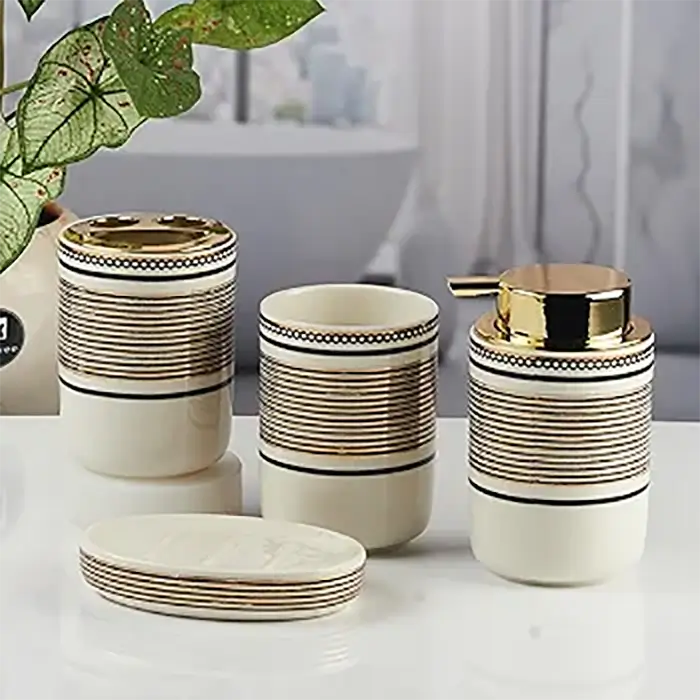 Ceramic Brown Textured Bathroom Accessories Set ( Set of 4 )