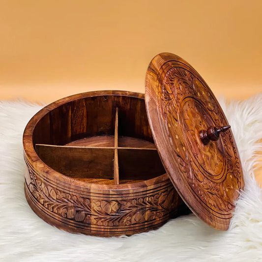 Wooden Carved Hotpot & Dry Fruit Box (2 in 1)