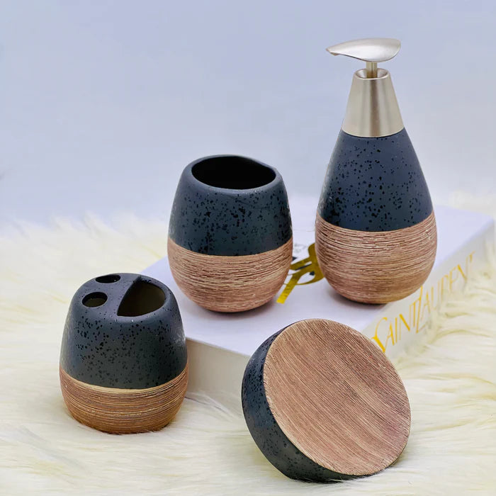 Self Textured Bath Set With Wooden Pattern (4 Pcs)