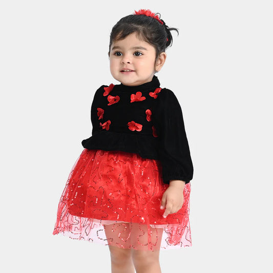 INFANT GIRLS VELVET & NET FANCY FROCK SEQUENCE-B.RED