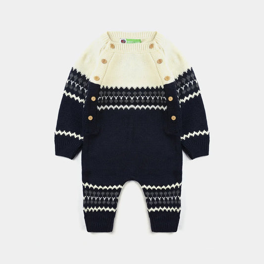 INFANT BOYS SWEATER KNIT ROMPER W/CAP AMULET-NAVY-OFF WHITE