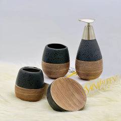 Self Textured Bath Set With Wooden Pattern (4 Pcs)