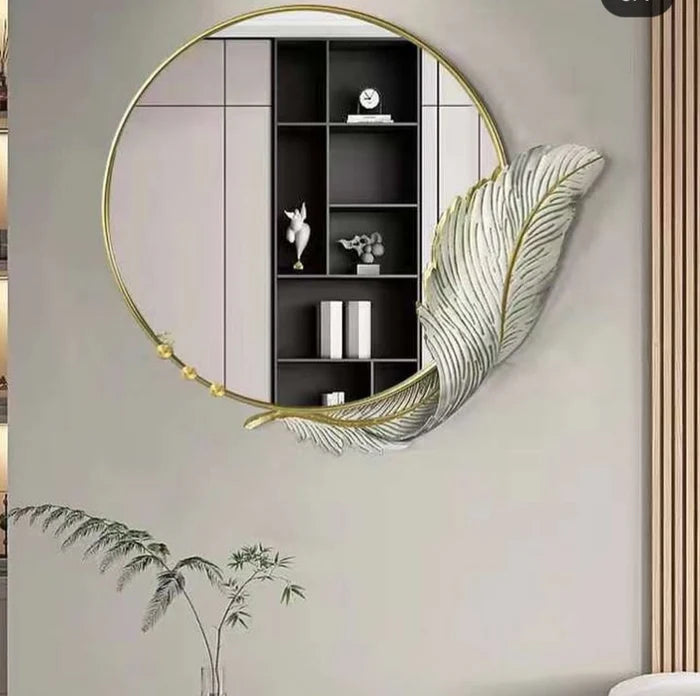 Metal Frame Feather Round Mirror