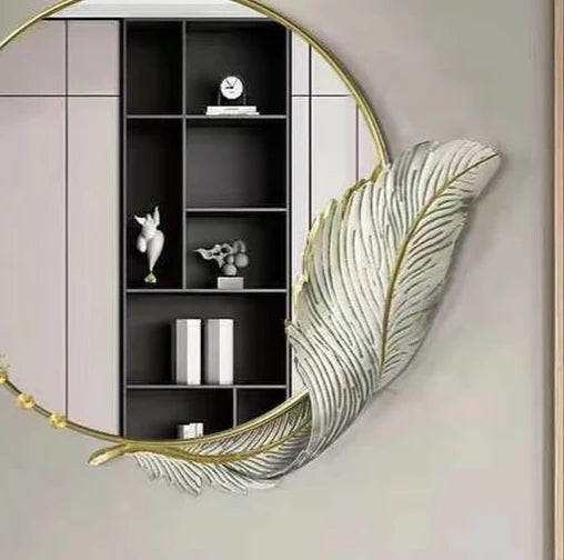 Metal Frame Feather Round Mirror