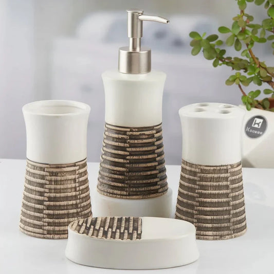 White Wood Ceramic Bath Set (4 Pcs)