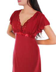 2 PIECE LACY NECK LONG NIGHTY -MAROON