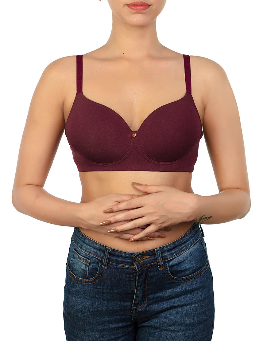 SIDE SMOOTHING BIO WASHED ANTI BACTERIAL COTTON WIRELESS T-SHIRT BRA-MAROON