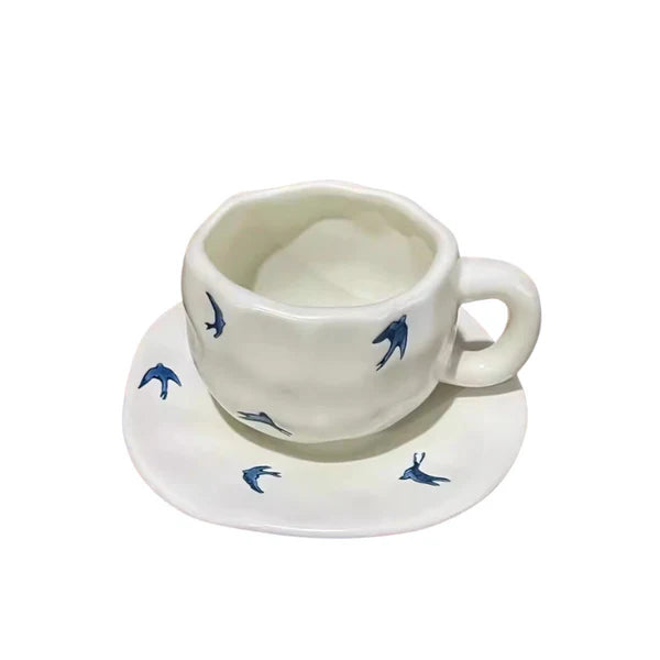 Matte White Blue Swallow Coffee Cup And Saucer