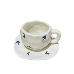 Matte White Blue Swallow Coffee Cup And Saucer