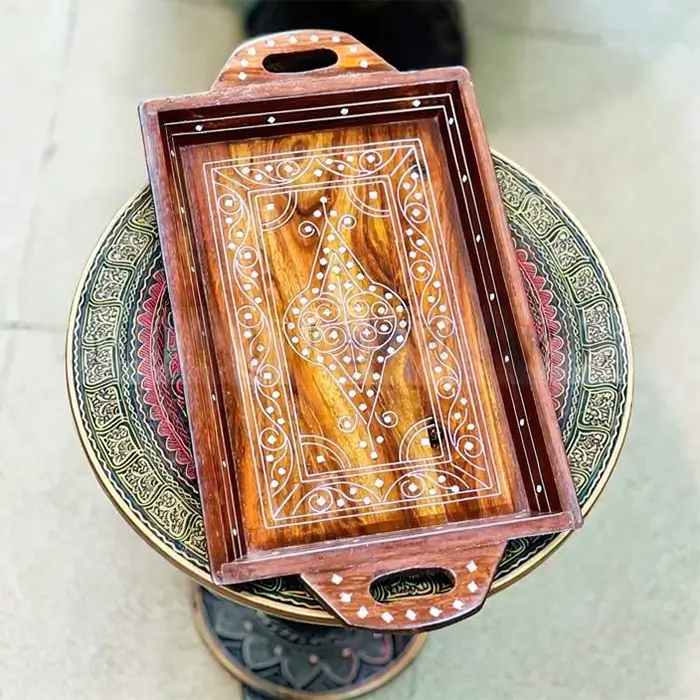 Solid Wood Tray With White Inlay Naqshi Work