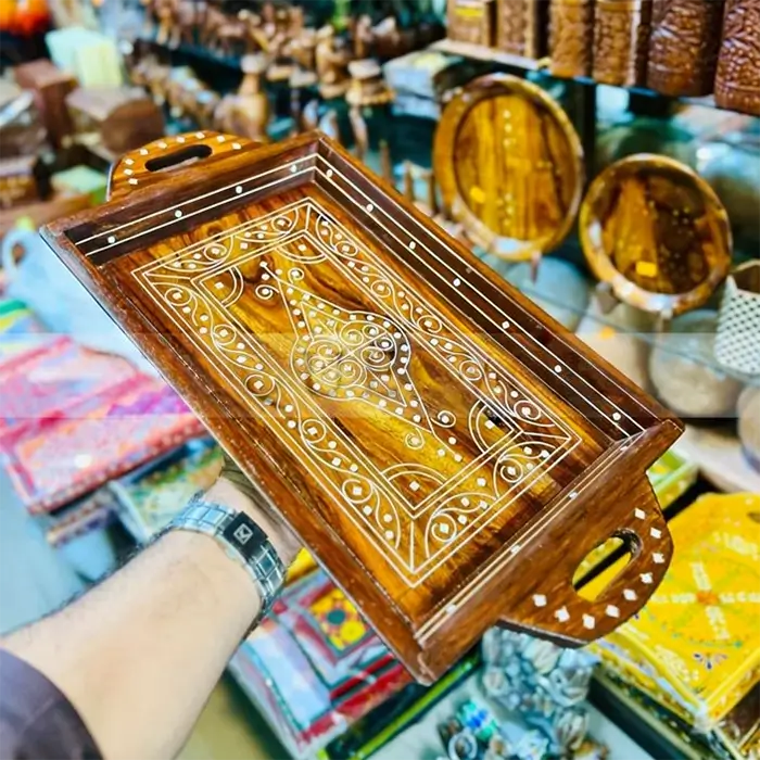 Solid Wood Tray With White Inlay Naqshi Work