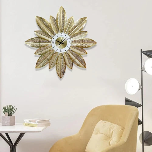 Golden Metal Leaves Wall Clock