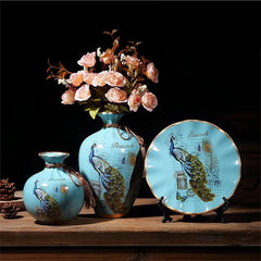 Ceramic Vase with Peacock Pattern (Set Of 3)