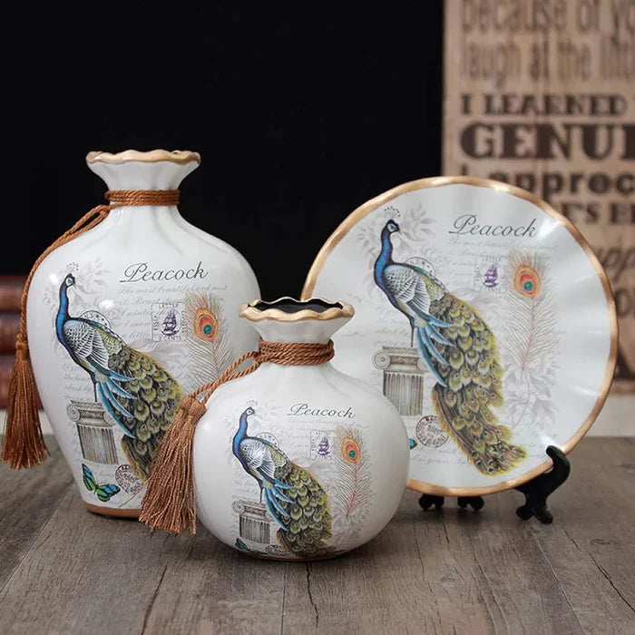 Peacock Ceramic Vase Set (3 Pcs)