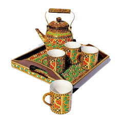 Swati Traditional Art Hand Painted Ceramic Cups and Steel Teapot Set (6 Pcs)