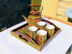 Swati Traditional Art Hand Painted Ceramic Cups and Steel Teapot Set (6 Pcs)