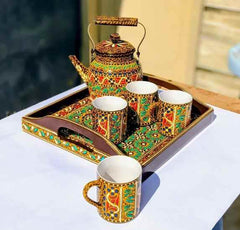 Swati Traditional Art Hand Painted Ceramic Cups and Steel Teapot Set (6 Pcs)