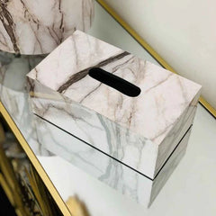 White Marble Designed Basket And Tissue Box Set