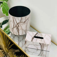 White Marble Designed Basket And Tissue Box Set