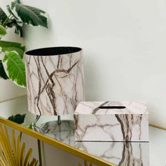 White Marble Designed Basket And Tissue Box Set