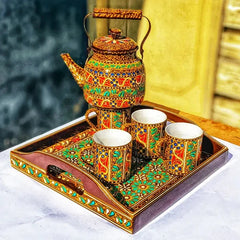 Swati Traditional Art Hand Painted Ceramic Cups and Steel Teapot Set (6 Pcs)