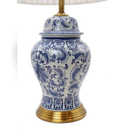 Blue Pottery Table Lamp With White Drum