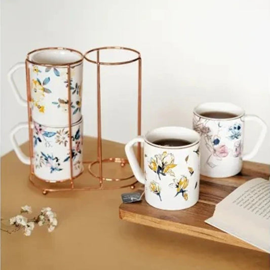 Floral Design Coffee Mugs With Stand (Set Of 4)