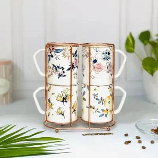 Floral Design Coffee Mugs With Stand (Set Of 4)