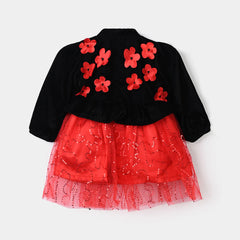 INFANT GIRLS VELVET & NET FANCY FROCK SEQUENCE-B.RED