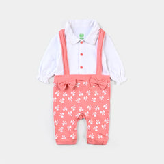 INFANT GIRLS COTTON INTERLOCK KNITTED ROMPER BOW STRIPE-SHELL PINK