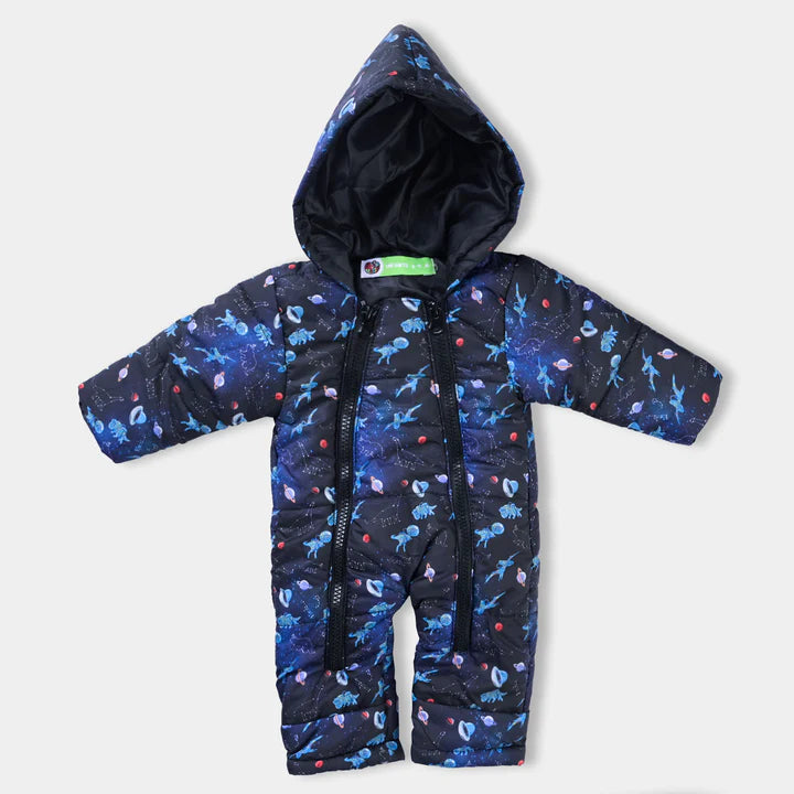 INFANT BOYS TAFFETA PUFFER ROMPER DINO IN SPACE-NAVY BLUE