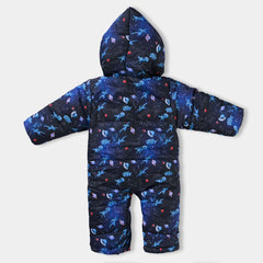 INFANT BOYS TAFFETA PUFFER ROMPER DINO IN SPACE-NAVY BLUE